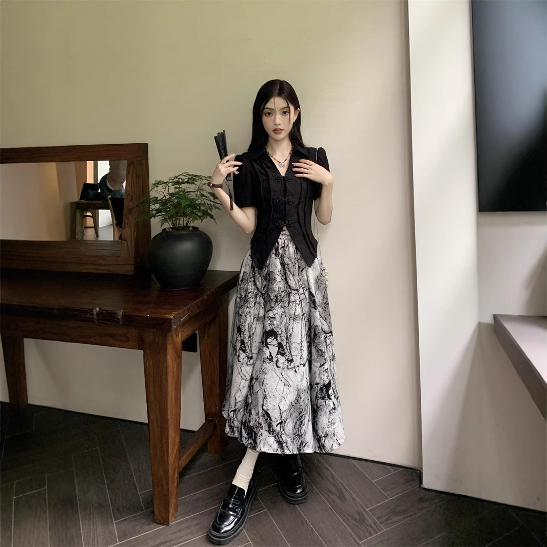 大码新中式国风套装短袖衬衫女夏季胖MM水墨半身裙子设计感两件套
