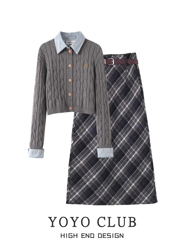 여성을 위한 뚱뚱한 MM 슬리밍 슈트를 위한 가짜 투피스 스웨터와 모직 스커트의 완전한 세트를 갖춘 YOYO CLUB 겨울 의류