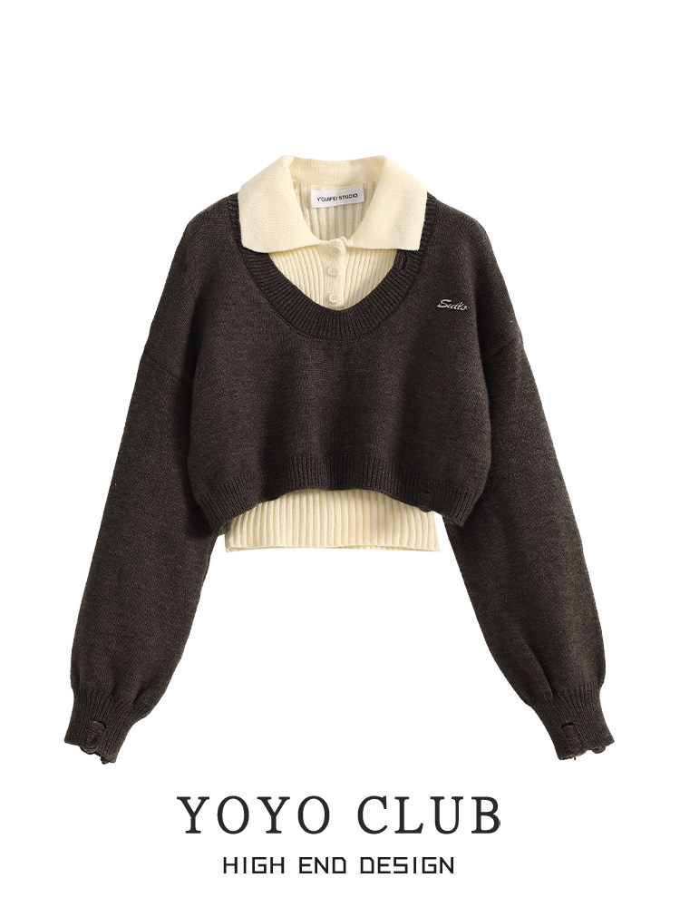 YOYO CLUB 대학 스타일 짧은 찢어진 스웨터 여성 가을 겨울 투피스 양복 스웨터 탑