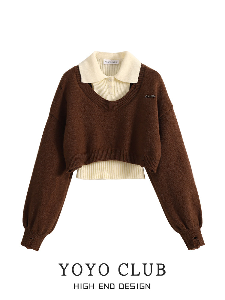 YOYO CLUB 대학 스타일 짧은 찢어진 스웨터 여성 가을 겨울 투피스 양복 스웨터 탑