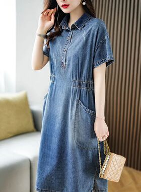 Vestido jeans feminino solto de manga curta com bolsos, vest