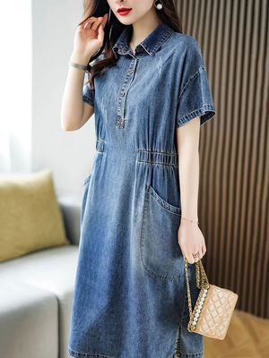 Vestido jeans feminino solto de manga curta com bolsos, vest