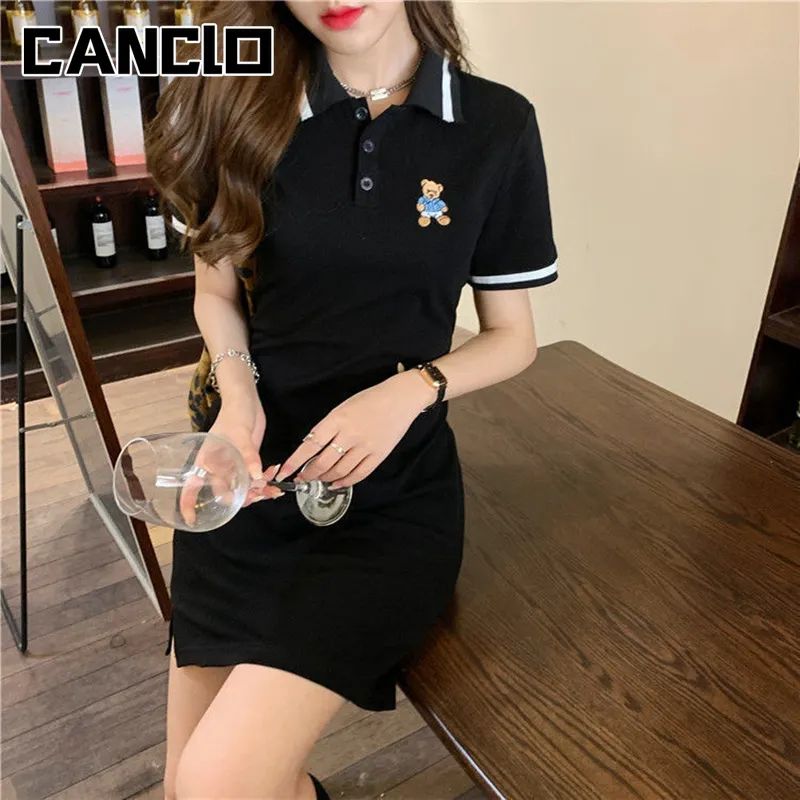 Vestido polo de manga curta feminino, roupa da moda coreana,