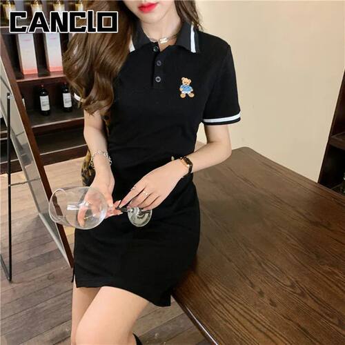 Vestido polo de manga curta feminino, roupa da moda coreana,