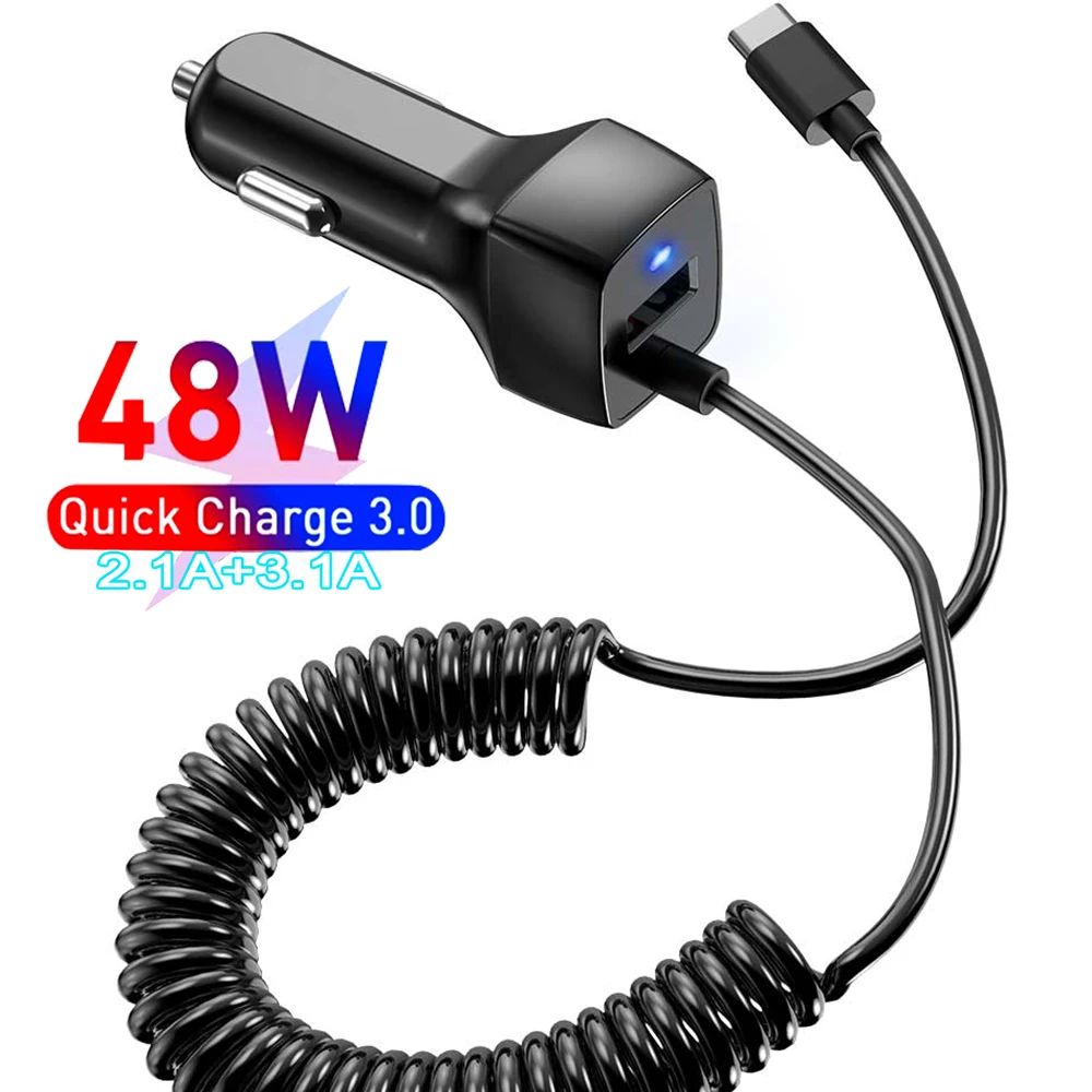 Cargador rápido USB para coche, adaptador de Cable elástic