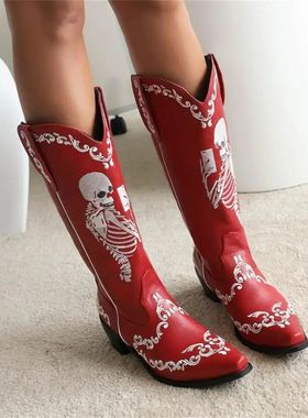 Botas de vaqueiro ocidentais para mulheres, botas de caveira