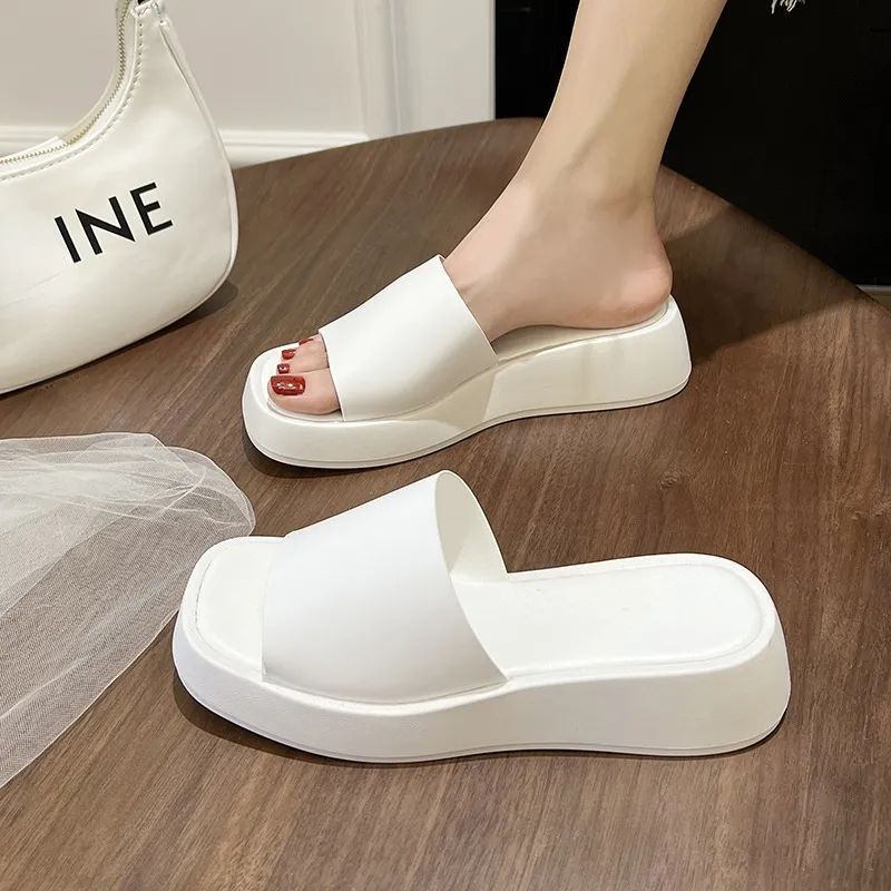 Chinelos planos para mulheres, fundo grosso, salto de cunha, - 实物图