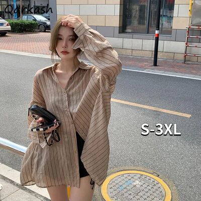 Turn Down Collar camisas listradas para mulheres, senhora do