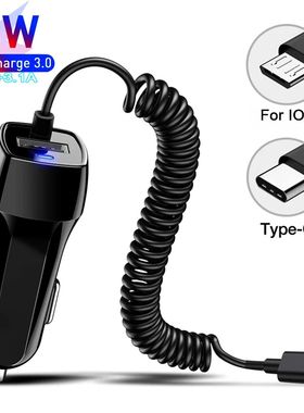 Cargador de coche con resorte, Cable Micro USB tipo C para i