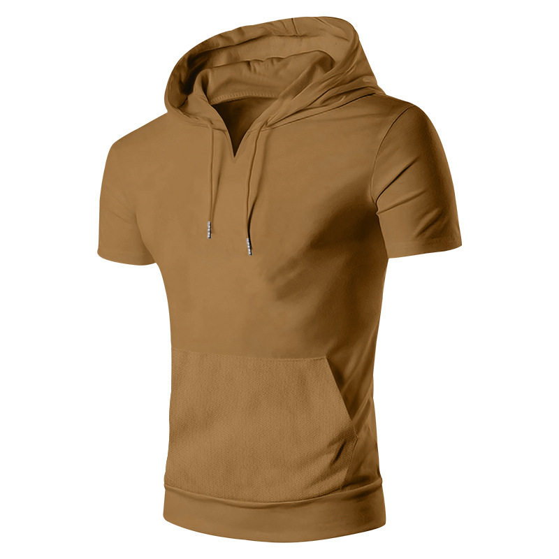 Men's short sleeved T-shirt hoodie solid color fitting top f