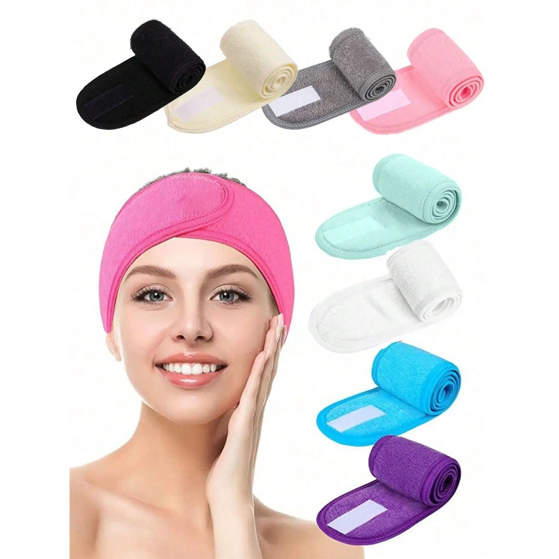3Pcs Women'S Makeup, Face Wash, Solid Color Velcro Headbands图片