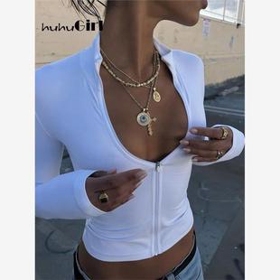 Huhugirl Summer Sexy Club Tees Zipper Tshirts Women Solid op