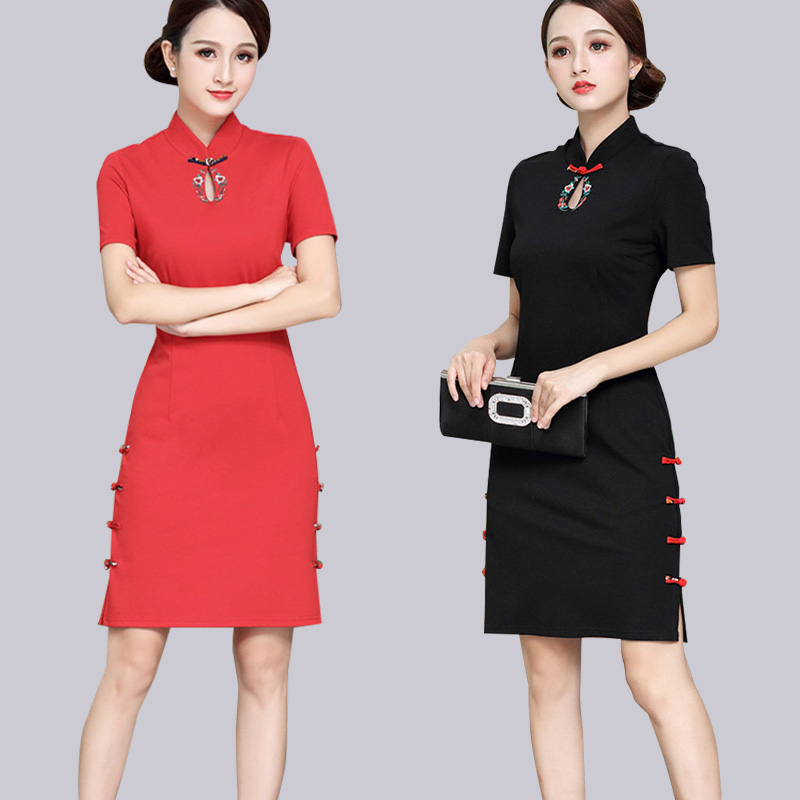 旗袍夏季2023新款女中国风水滴领短袖年轻短款改良旗袍式连衣裙
