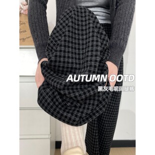 春夏高腰显瘦宽松bf慵懒风直筒休闲裤 黑色格子阔腿裤 子女2026新款