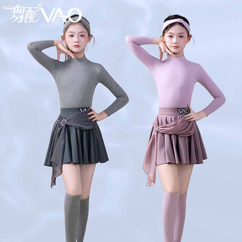 舞配女童拉丁长袖练功服灰紫新款