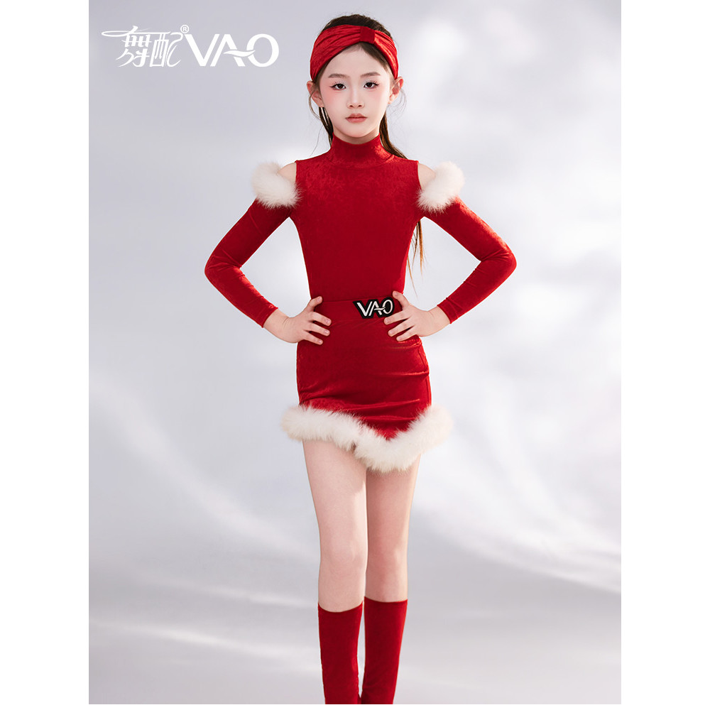 拉丁舞服女童红色绒边表演服