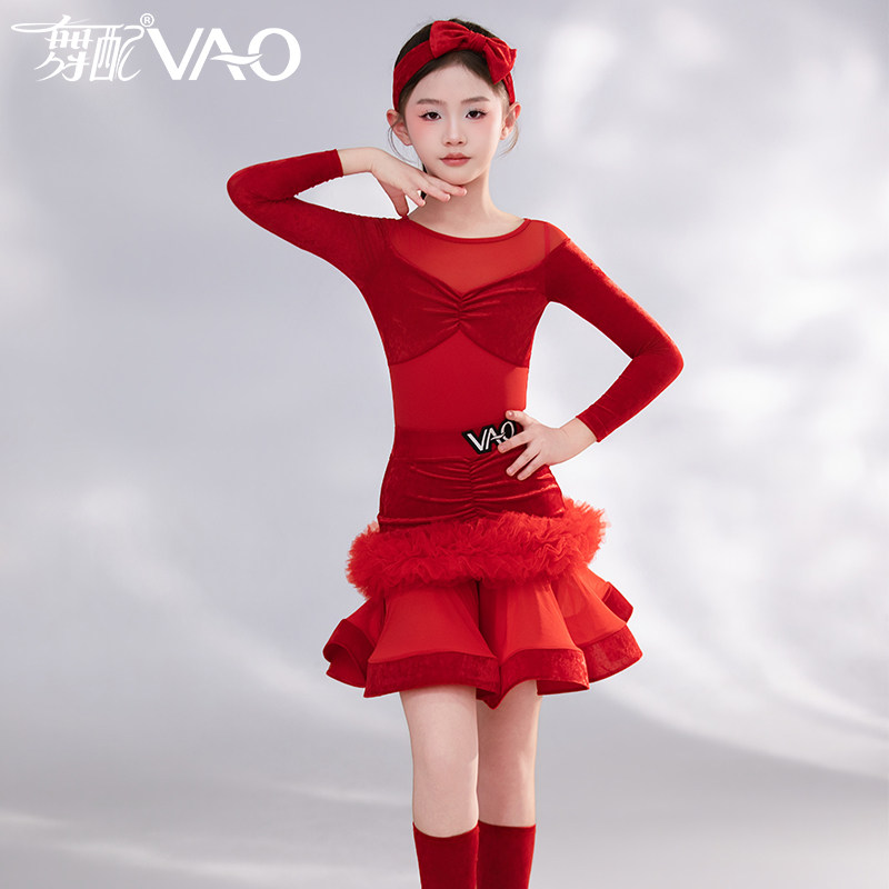 女童红色拉丁舞服2025秋冬新款