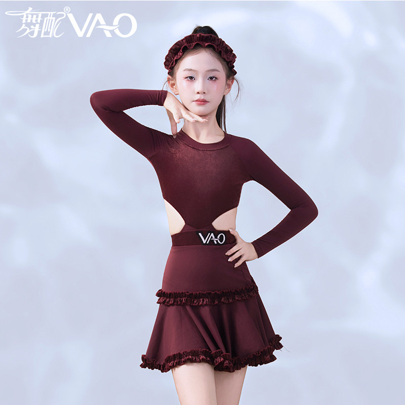 舞配女童拉丁红色绒长袖练功服