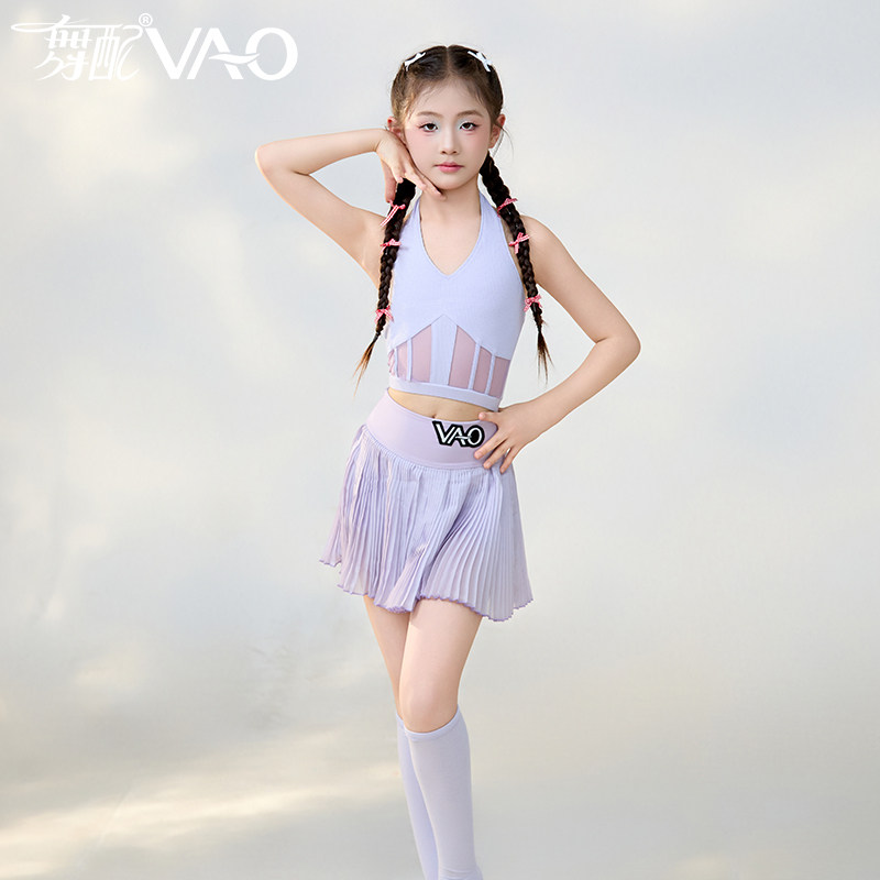 女童拉丁舞练功服紫色百褶新款
