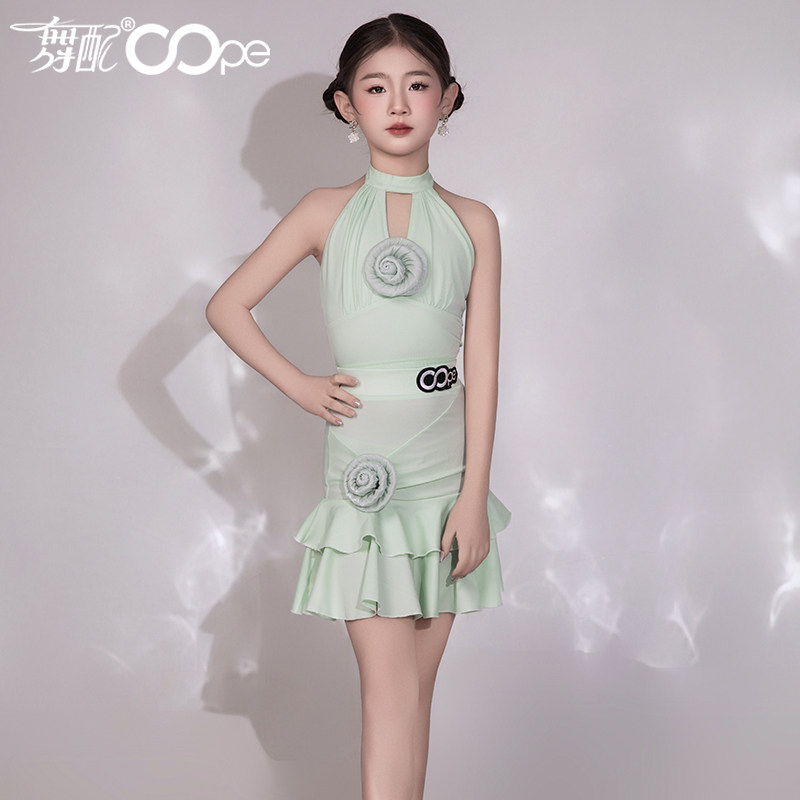 拉丁舞服女童oope舞配表演服拉丁舞练功服女夏季新款绿挂脖裙TJ