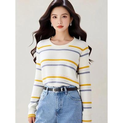 MONLOUVE2025秋新款圆领条纹长袖针织衫女短上衣韩版宽松显瘦内搭