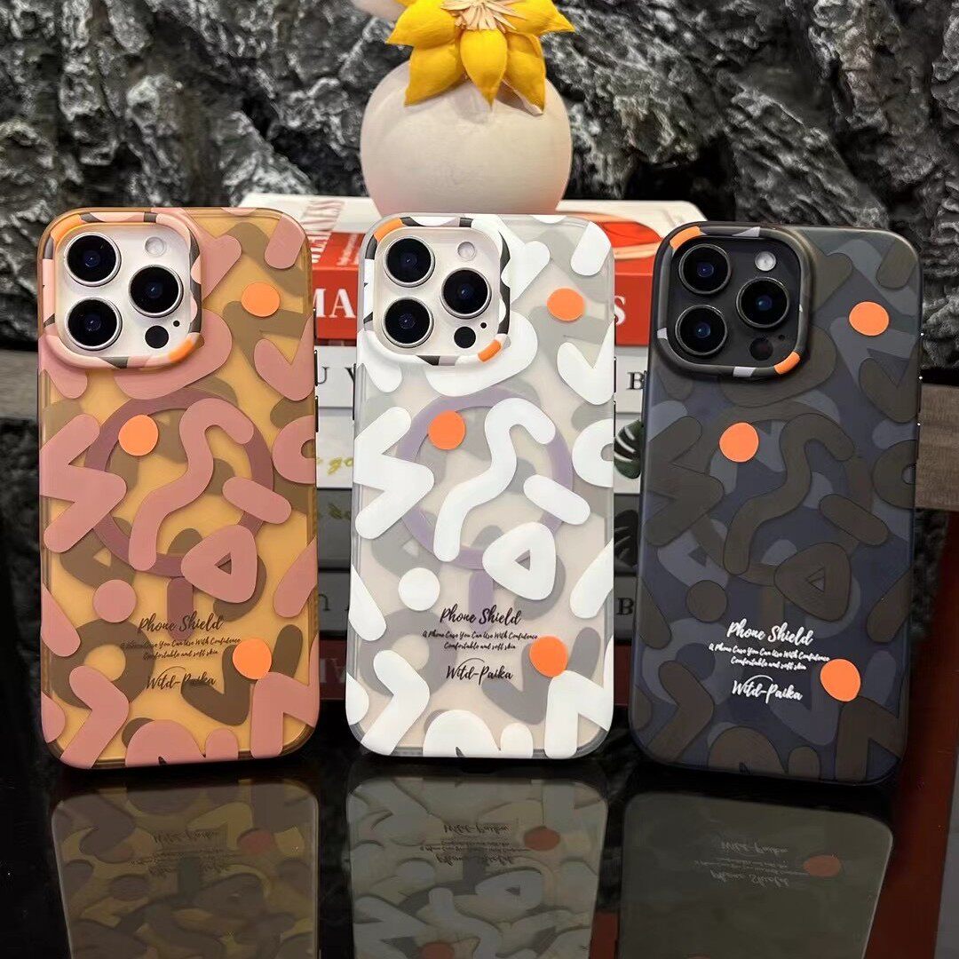 PAIKA适用苹果16Promax磁吸手机壳涂鸦磨砂iPhone 15金属按键玫瑰金防摔全包男女14保护壳