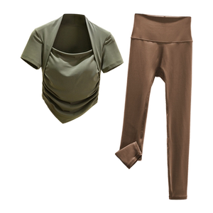 夏季新款瑜伽服女套装速干假两件固定水滴杯短袖运动t恤跑步健身