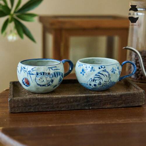 陶美集手绘青花瓷咖啡杯手工可爱猫咪马克杯家用陶瓷水杯早餐杯子