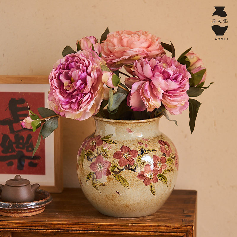 陶美集手绘桃花水培宽口花器