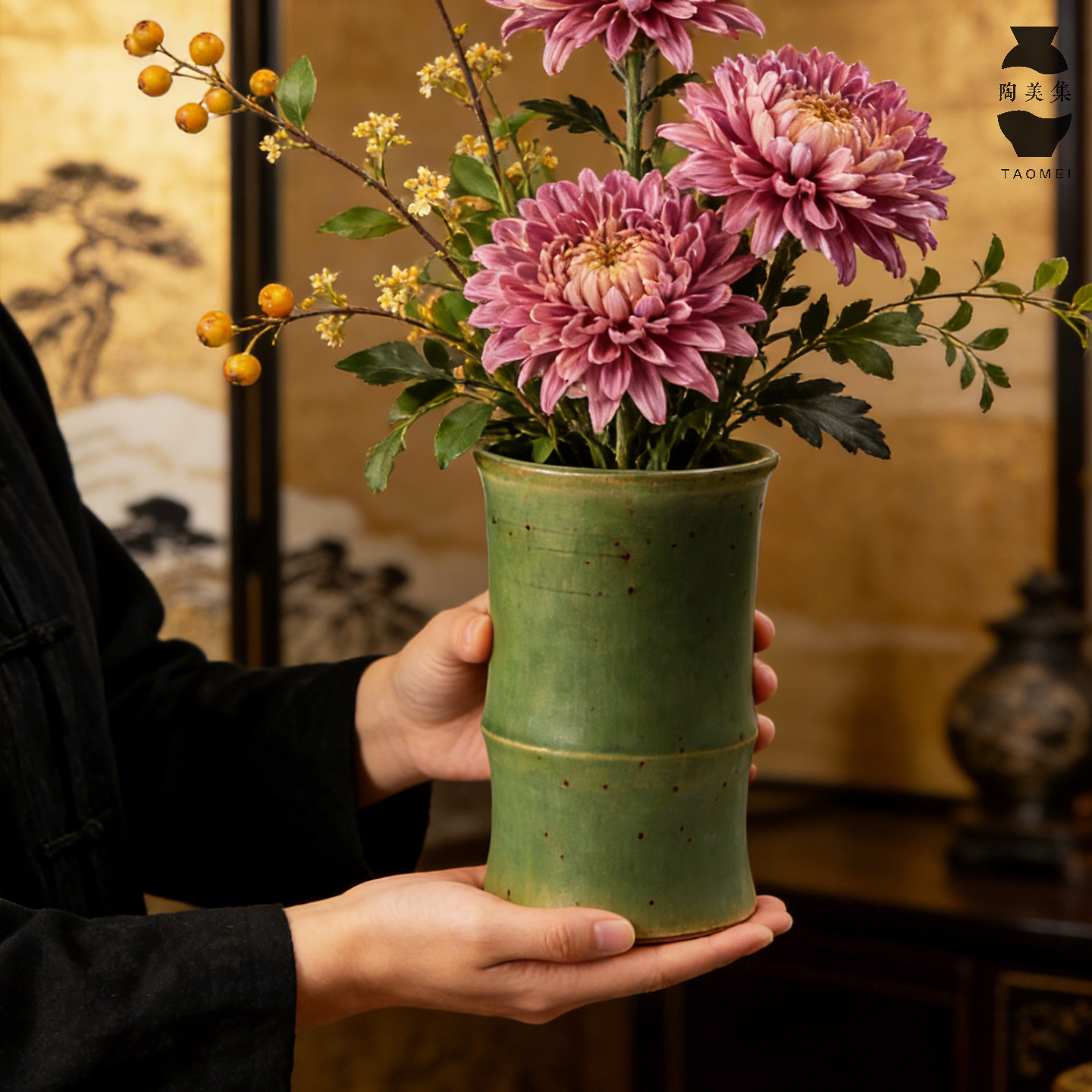 仿竹子陶瓷小花瓶复古宋代美学插花摆件新中式景德镇创意水培花器