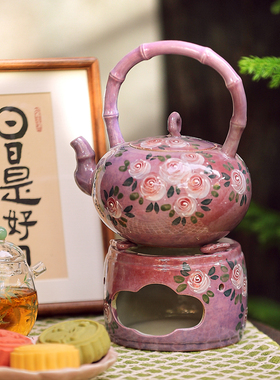 手绘紫色玫瑰陶瓷温茶炉蜡烛复古茶壶加热保温暖茶器加热炉子底座