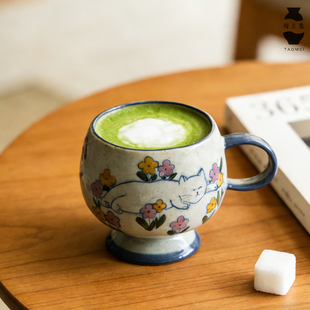 景德镇青花手绘猫咪咖啡杯意式拉花杯釉下彩家用马克杯水杯早餐杯