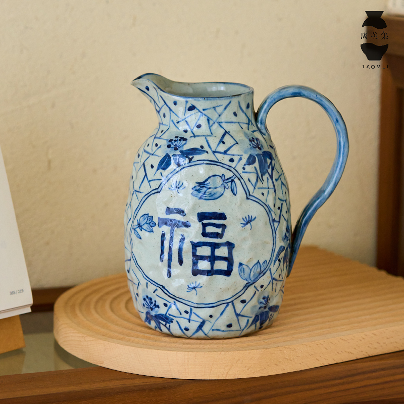 手绘青花福平安喜乐鲜花花瓶