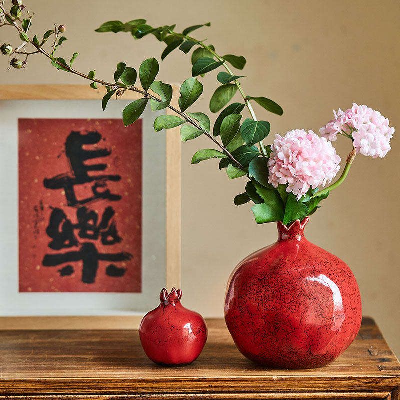 陶美集红色石榴陶瓷花瓶摆件