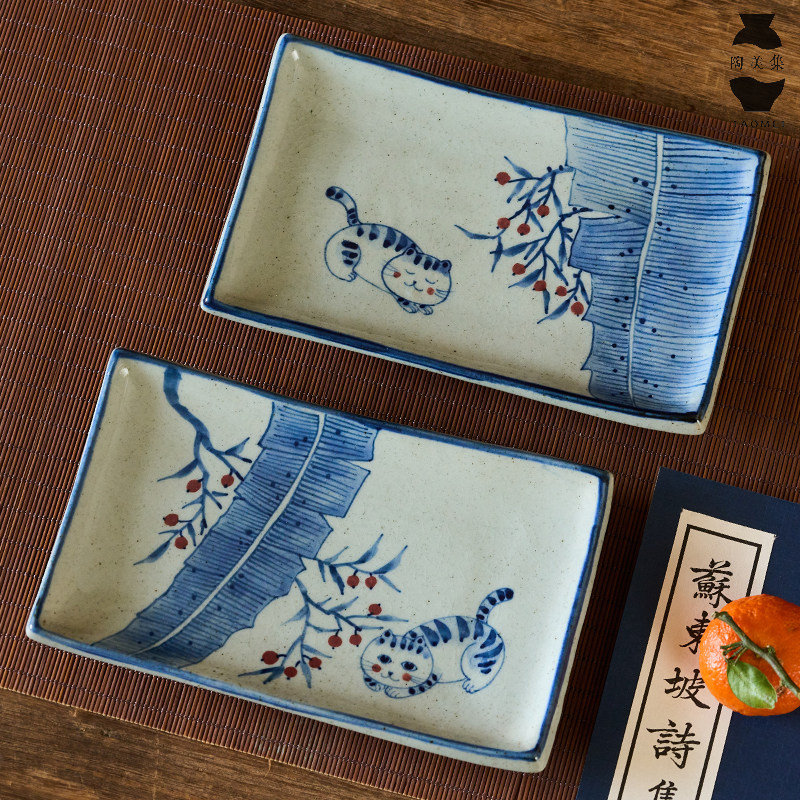 景德镇青花釉下彩手绘猫咪陶瓷果盘长方形盘子零食盘干果盘茶点盘