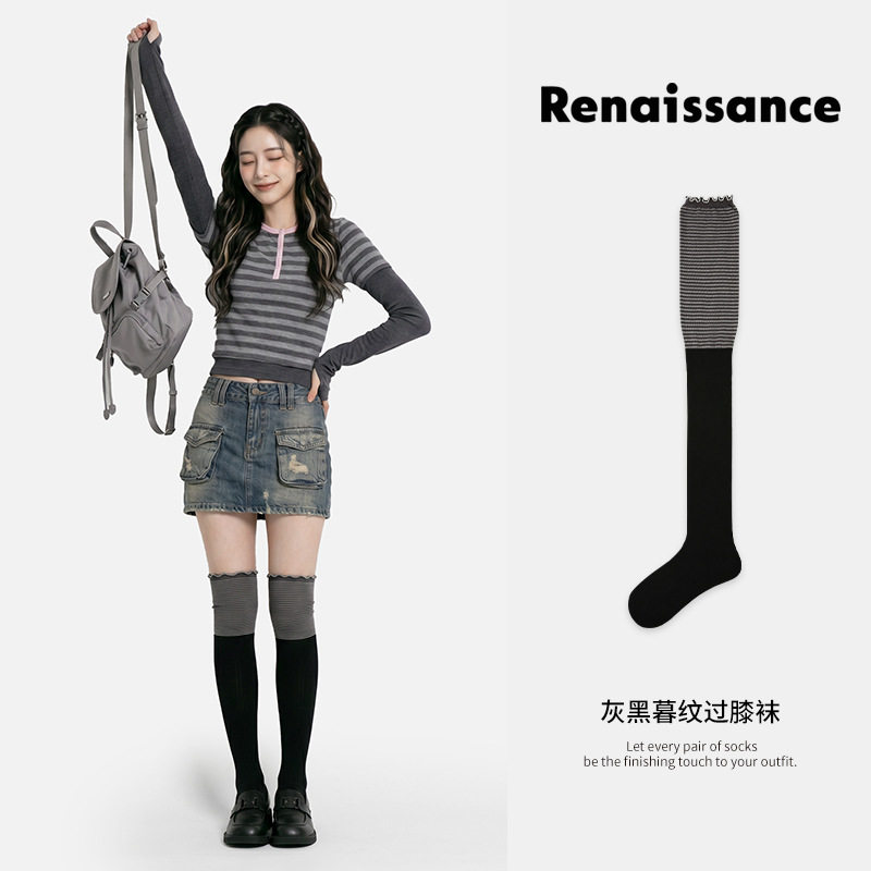 Renaissance原创新款灰黑暮纹过膝袜miu系少女学院风高筒袜子女
