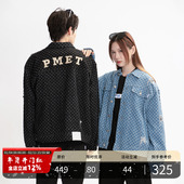 PMET 破洞牛仔夹克 国潮牌满印LOGO冲孔外套男秋冬宽松休闲牛仔衣