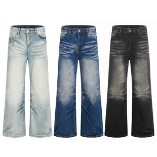 PMET「丹宁迹理」猫须646版 子水洗做旧蓝牛黑牛 型微喇叭牛仔裤