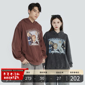 VINTAGE潮牌男秋季 PMET 水洗做旧印花连帽卫衣 宽松休闲抓绒上衣