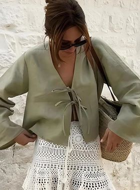 C.New S Cotton Linen Lace Up Bow Shirts Women Loose Hollow O