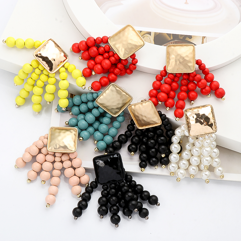 Long Wooden Bead Chain Tassel Christmas Dangle Earrings