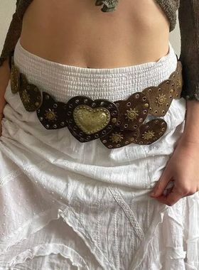 Brown Pinned Belt Y2k Accessories Decorated with White Love