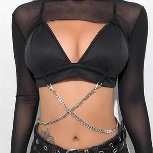 sexy long sleeve black fitted crop mesh sleeve top women sm