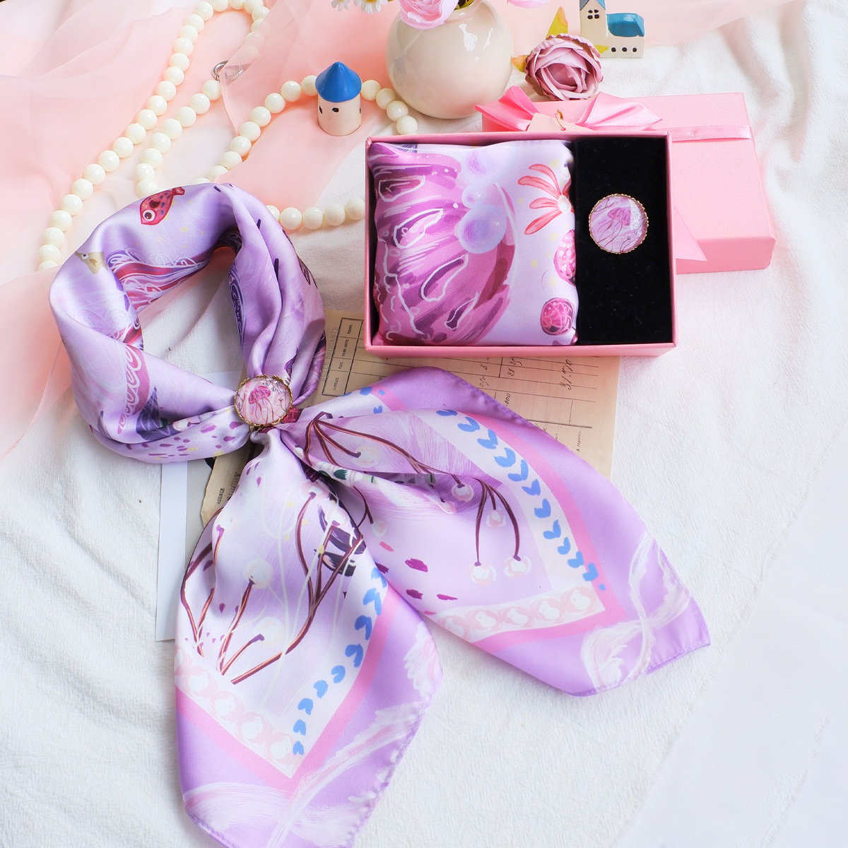 【丝巾礼盒】海故事丝巾配三环丝巾扣套装送闺蜜、母亲、婆婆外婆