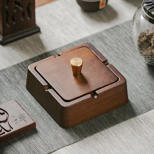 实木烟灰缸中式带盖高级感防飞灰