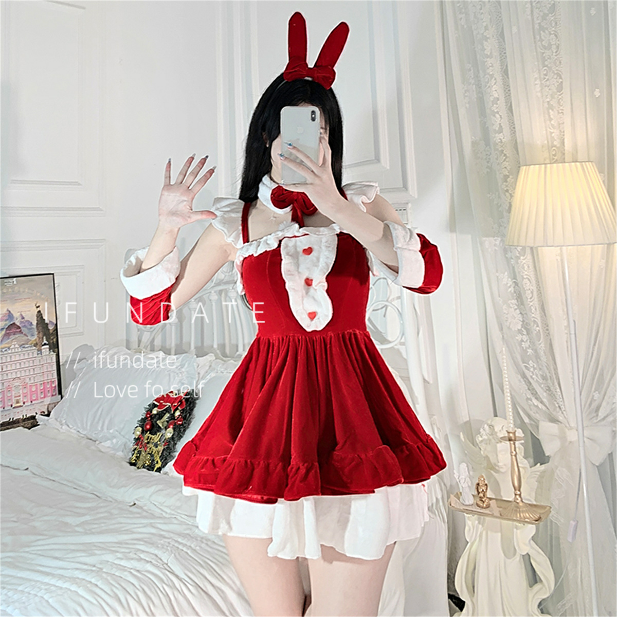 圣诞裙红色设计感套装蝴蝶结白丝夜店吊带连衣裙女秋冬主题服装裙