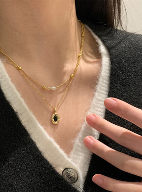 XIN STUDIO法式复古不规则黑色锆石吊坠项链女小众个性简约锁骨链