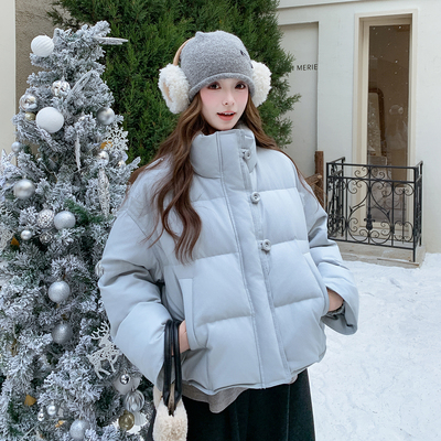 蓝色高级感立领白鸭绒羽绒服女生2025冬季新款小个子加厚保暖外套