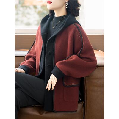 妈妈秋冬外套连帽洋气中老年女上衣40岁50休闲大码厚呢子大衣宽松