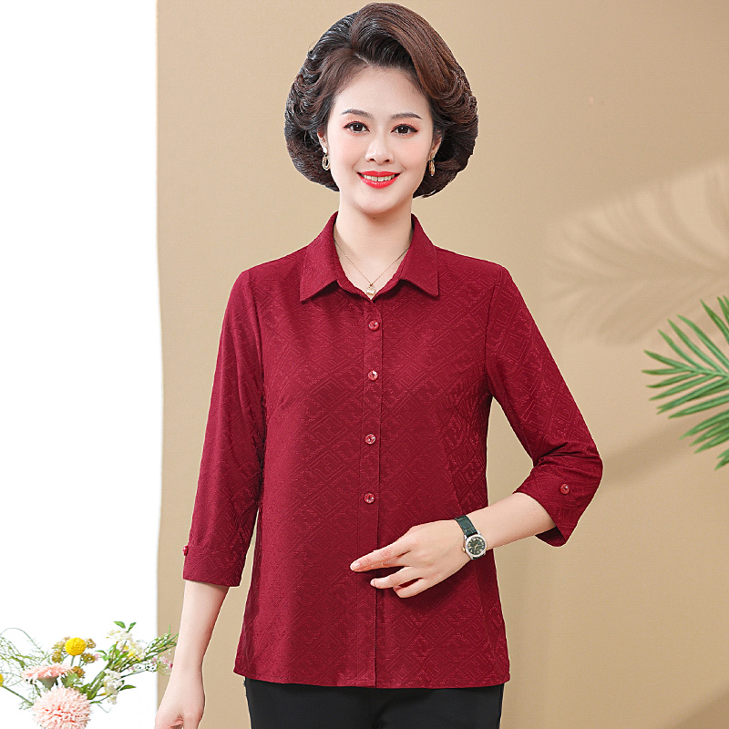 2025新款衬衣红色上衣服妈喜婆结婚宴礼服装夏女穿的春秋父母衬衫